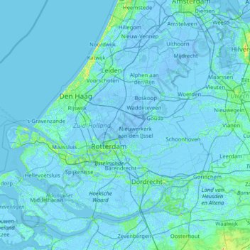 Carte topographique Hollande-Méridionale, altitude, relief