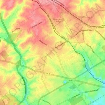 Carte topographique Haverford Township, altitude, relief