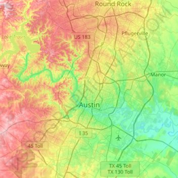 Carte topographique Austin, altitude, relief