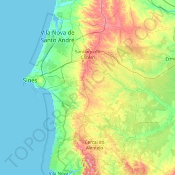 Carte topographique Santiago do Cacém, altitude, relief