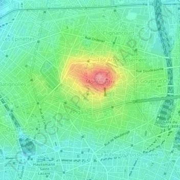 Carte topographique Montmartre, altitude, relief