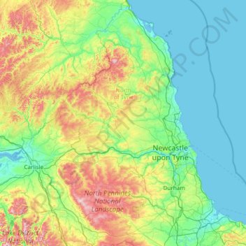 Carte topographique North East England, altitude, relief