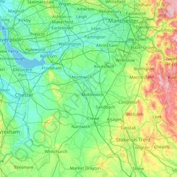 Carte topographique Cheshire, altitude, relief