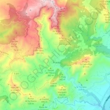 Carte topographique Pratdip, altitude, relief
