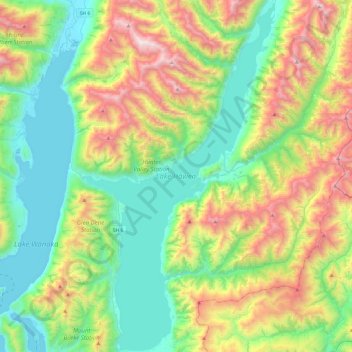 Carte topographique Lake Hāwea, altitude, relief