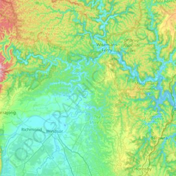 Carte topographique Hawkesbury River, altitude, relief