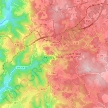 Carte topographique Gimel-les-Cascades, altitude, relief