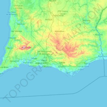 Carte topographique Algarve, altitude, relief