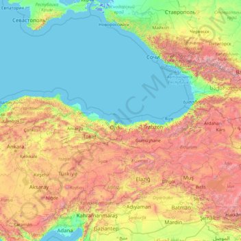 Carte topographique Région de la mer Noire, altitude, relief