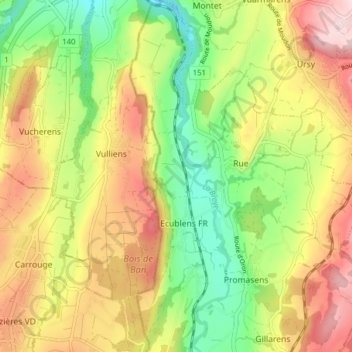 Carte topographique Ecublens (FR), altitude, relief