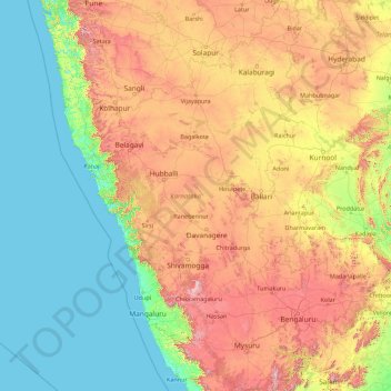 Carte topographique Karnataka, altitude, relief