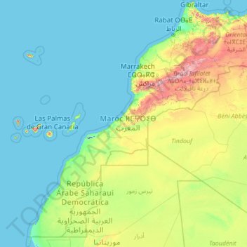 Carte topographique Marrocos, altitude, relief