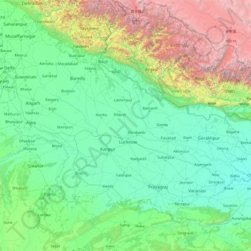 Carte topographique Uttar Pradesh, altitude, relief
