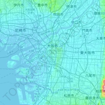 Carte topographique 大阪市, altitude, relief