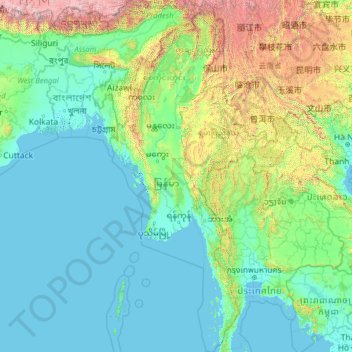 Carte topographique Birmanie, altitude, relief