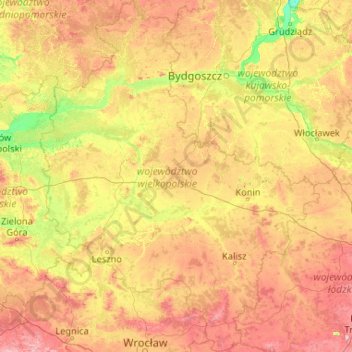 Carte topographique Grande-Pologne, altitude, relief