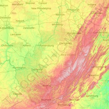 Carte topographique Virginia Occidental, altitude, relief