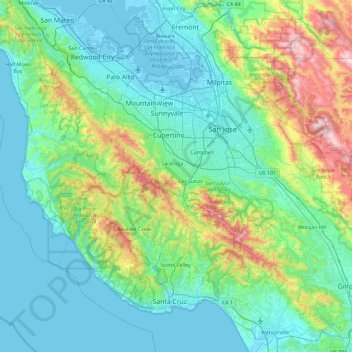 Carte topographique Santa Cruz Mountains, altitude, relief