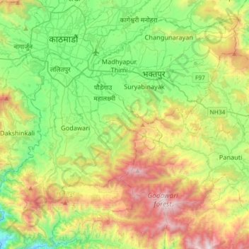 Carte topographique Kathmandu Valley, altitude, relief