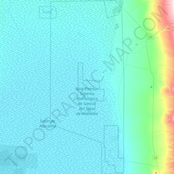 Carte topographique Sitio Ramsar Sistema Hidrológico de Soncor del Salar de Atacama, altitude, relief