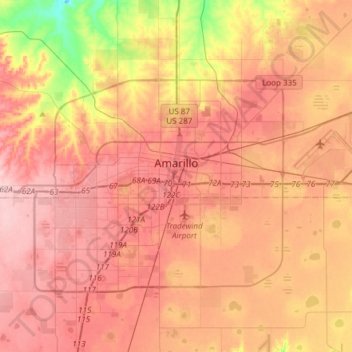 Carte topographique Amarillo, altitude, relief